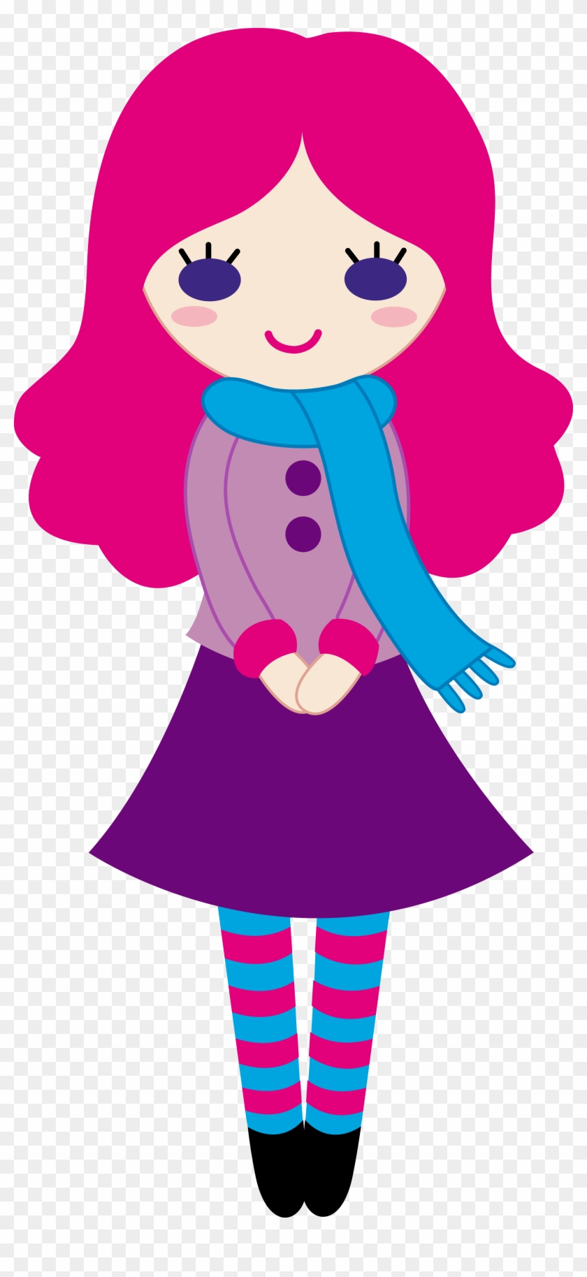 Cheerful cartoon girl with pink hair, purple dress, blue scarf, and striped tights.