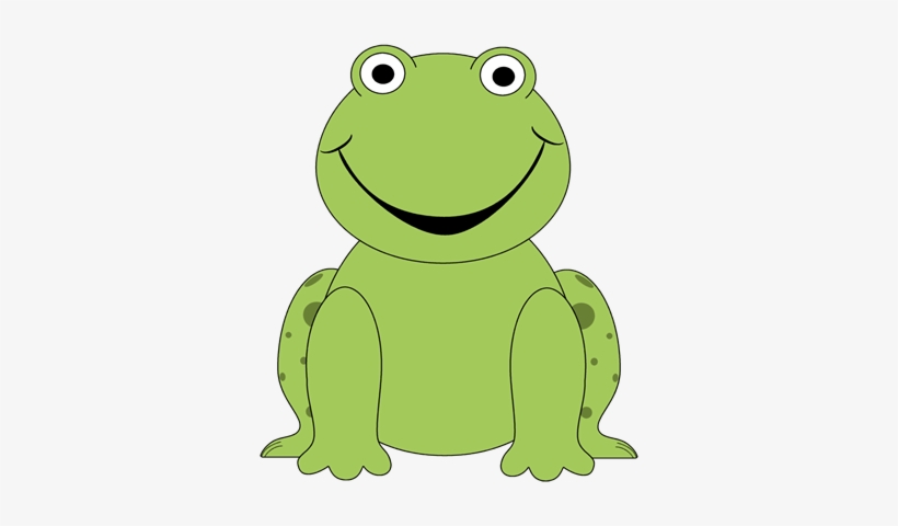 Smiling green cartoon frog sitting upright with big eyes, friendly expression, and spotted legs.
