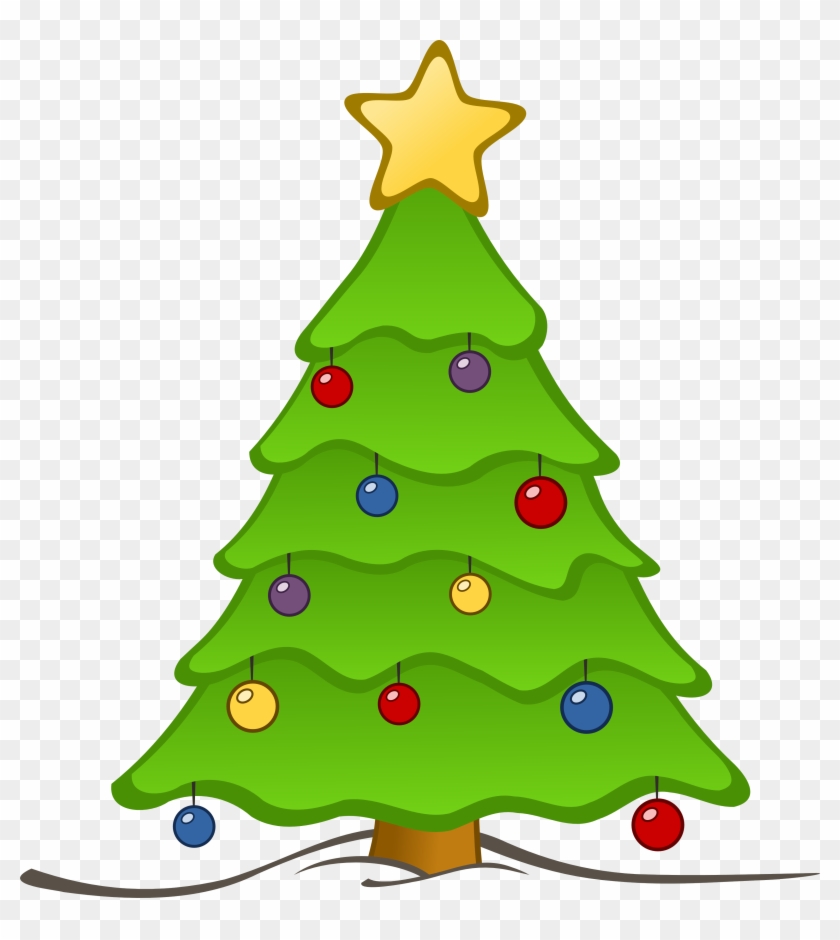 A decorated green Christmas tree with colorful ornaments and a golden star on top, set against a transparent background.