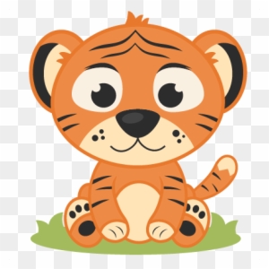 Cute cartoon tiger cub sitting on grass with big eyes and striped fur.