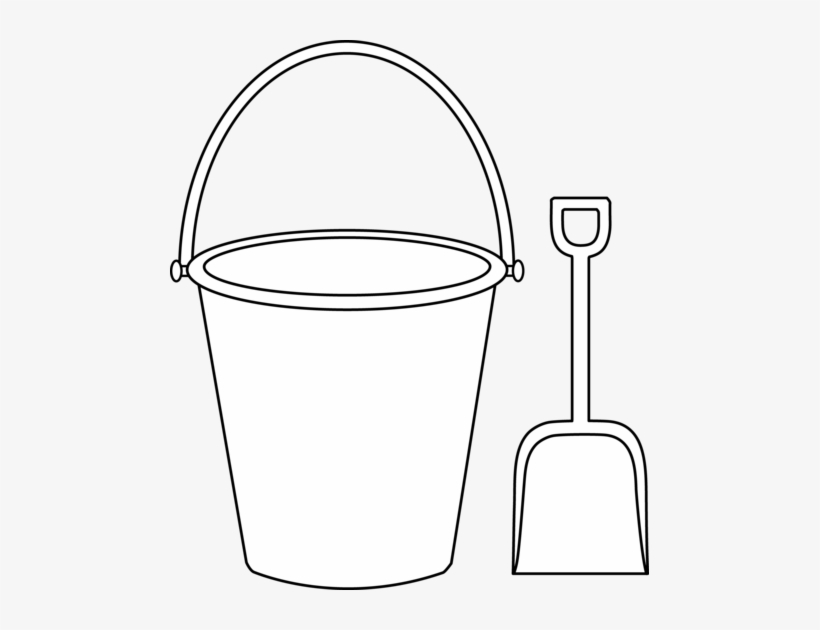 Simple line drawing of a bucket with handle and a small shovel, both outlined in black on white background.