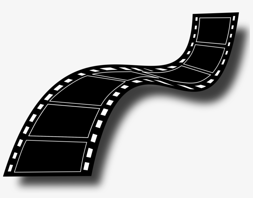 Curved black-and-white film strip with sprocket holes and frame slots, casting a soft shadow on white background.