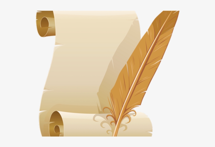 Vintage parchment scroll with a golden quill pen resting on it, evoking historical writing and documentation.