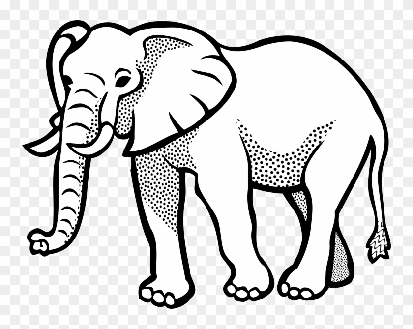 Black-and-white line drawing of an elephant with stippled shading, trunk curled upward, standing in profile.