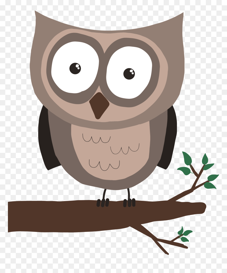 Cartoon owl with large eyes perched on a leafy branch, stylized in soft browns and greens.