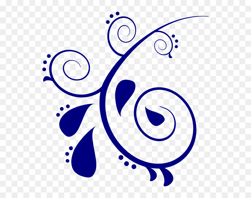 Elegant blue floral swirl design with teardrop motifs and dotted accents on transparent background.