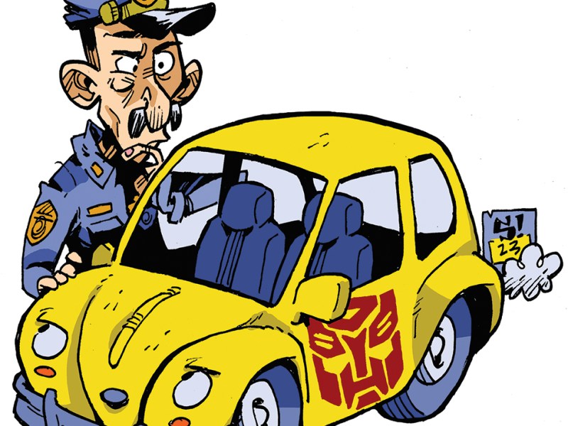 A cartoon police officer issuing a ticket to a yellow Volkswagen Beetle with Autobot insignia, stylized as a sentient car.