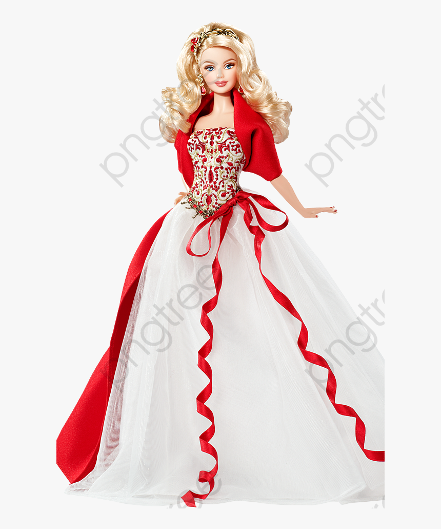 Barbie doll in elegant white gown with red sash and embroidered bodice, wearing gold floral headpiece and red bolero jacket.