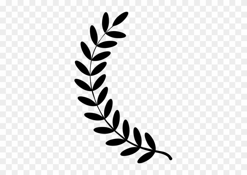 Black silhouette of a curved laurel branch with oval leaves on transparent background.
