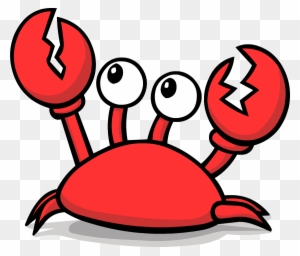 Red cartoon crab with cracked claws, big eyes, and playful expression on transparent background.