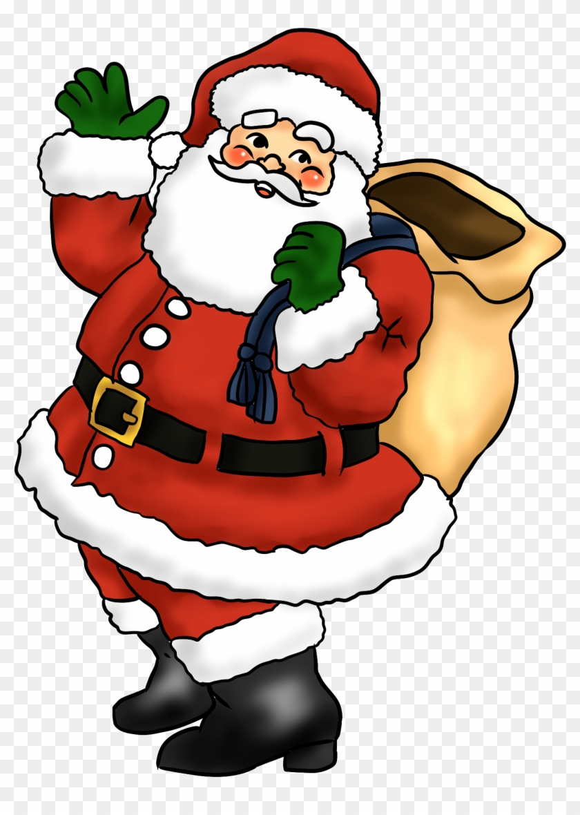 Jolly cartoon Santa Claus in red suit waving, holding a gift sack over his shoulder.