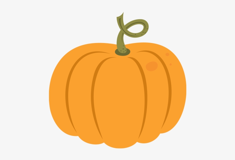 Bright orange cartoon pumpkin with green curly stem and vertical ridges.