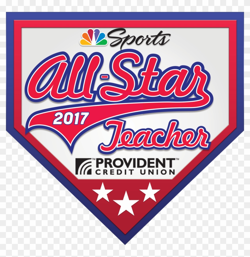 NBC Sports 2017 All-Star Teacher logo sponsored by Provident Credit Union, shaped like a baseball home plate with stars.