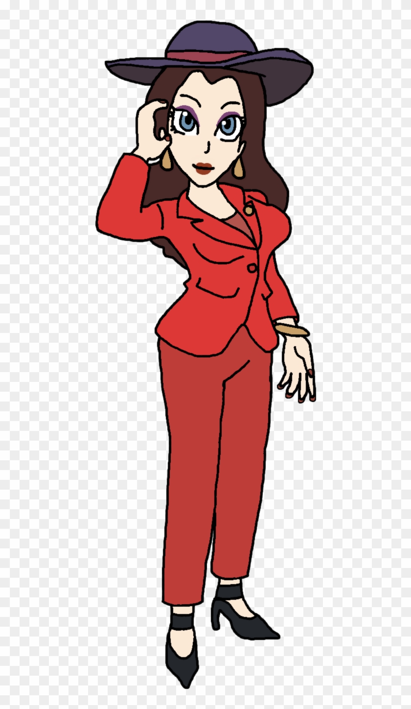 Stylish animated woman in red suit, wide-brimmed hat, and black heels posing confidently.