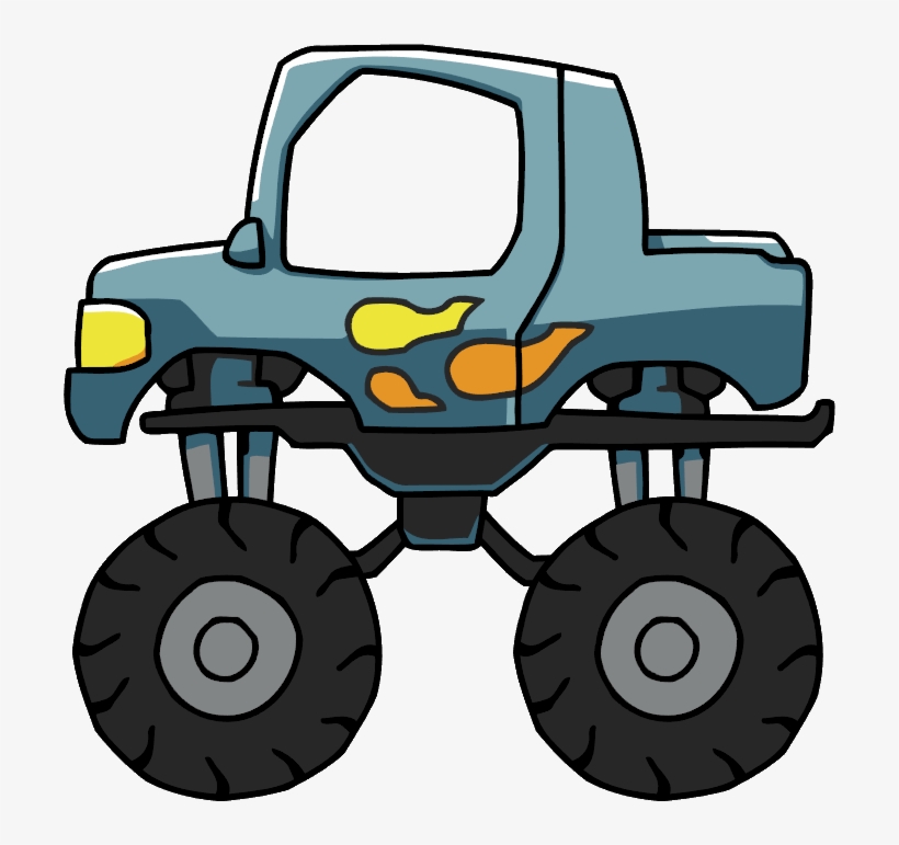 Cartoon-style blue monster truck with flame decals, oversized black tires, and lifted suspension.
