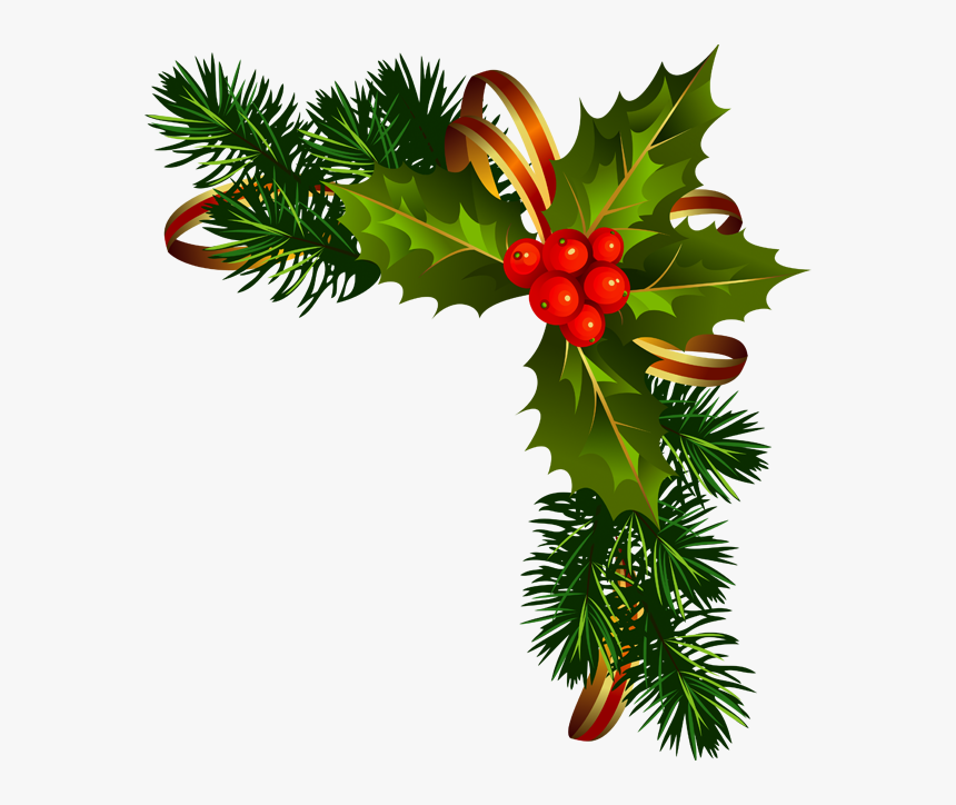 Festive Christmas corner decoration with holly berries, pine needles, and gold ribbon forming a decorative L-shape.