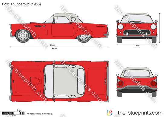 Technical blueprint of a 1955 Ford Thunderbird in red, showing side, front, top, and rear views with dimensions in mm.