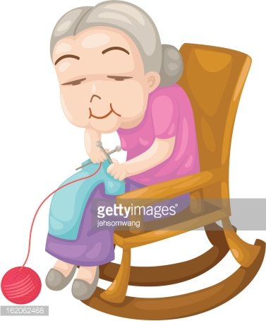 Elderly woman with gray hair knitting in a wooden rocking chair, smiling peacefully with yarn ball nearby.