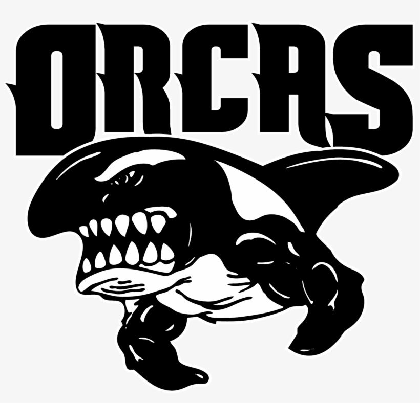 Bold black-and-white logo featuring a fierce orca with sharp teeth and muscular arms, above the word "ORCAS" in stylized font.