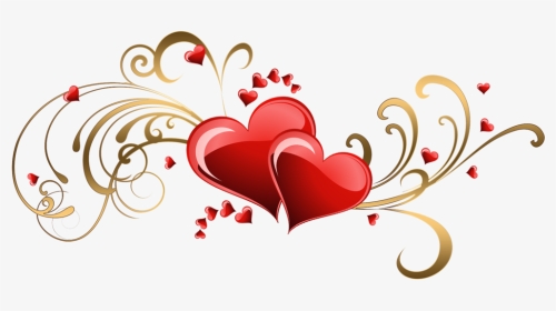 Two glossy red hearts surrounded by golden swirls and small hearts, romantic decorative vector illustration.