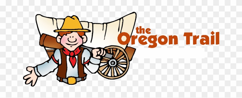 Cartoon pioneer with covered wagon and "the Oregon Trail" text, representing the historic westward migration route.