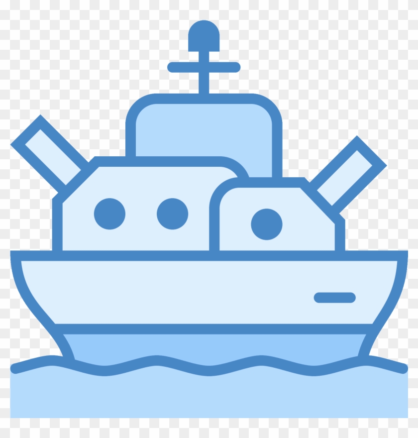 Blue line-art icon of a naval warship with cannons and radar mast on water.