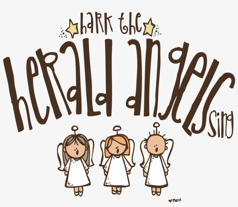 Three cartoon herald angels singing with text "Hark the Herald Angels Sing" and stars above.
