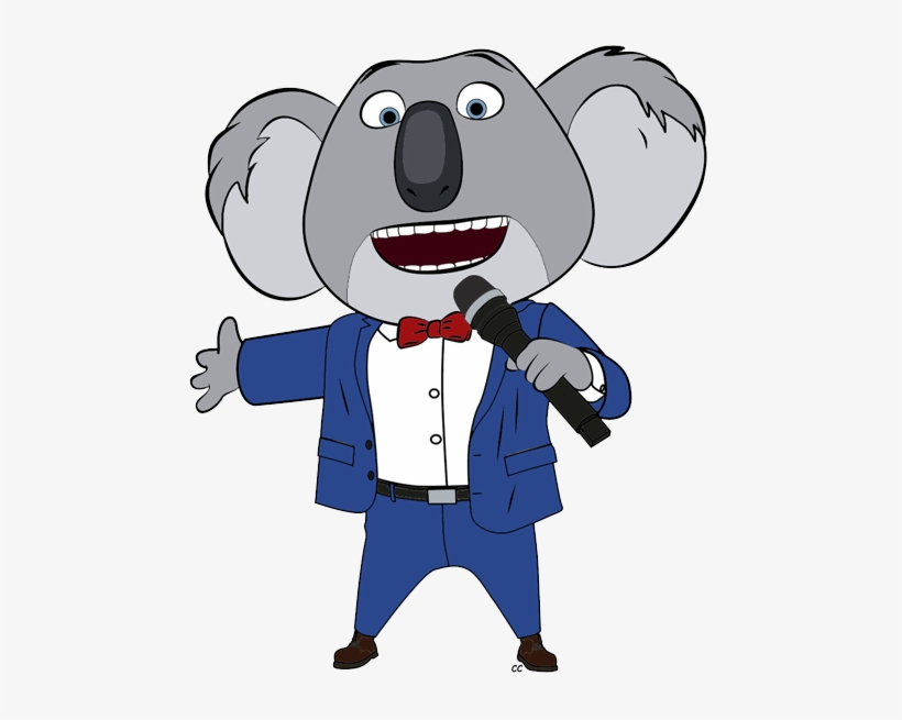 Animated koala in a blue suit and red bowtie singing into a microphone with an expressive smile.