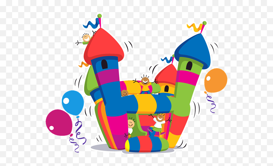 Colorful inflatable bouncy castle with smiling children playing, balloons, and festive flags.