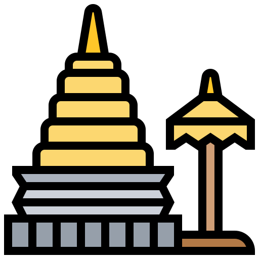 Stylized illustration of a tiered Southeast Asian pagoda and a smaller shrine with flame icons, symbolizing spiritual or cultural heritage.