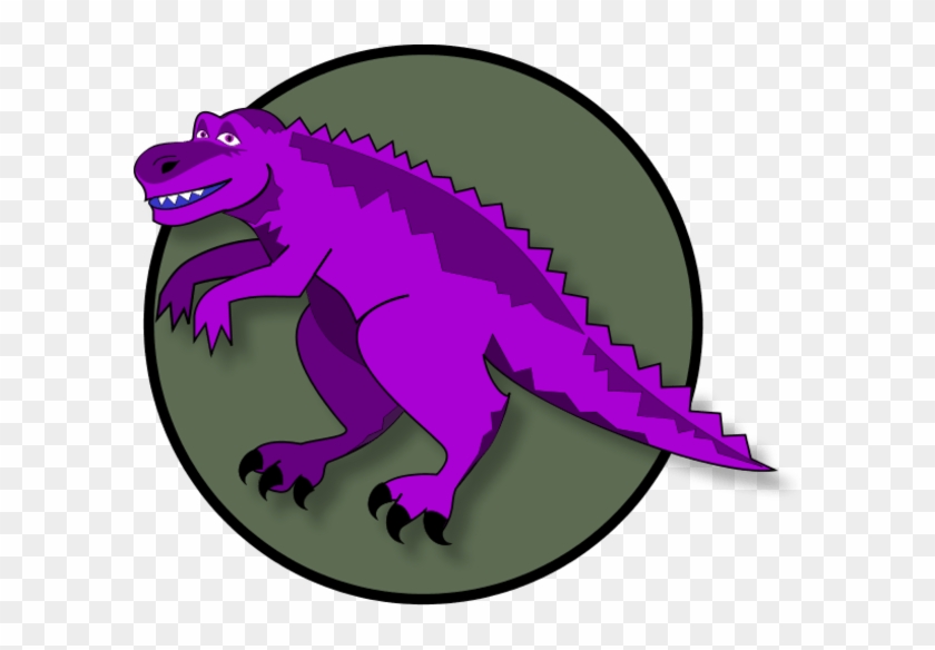 A vibrant purple cartoon Tyrannosaurus Rex with sharp teeth and claws, posed dynamically inside a dark green circular emblem.