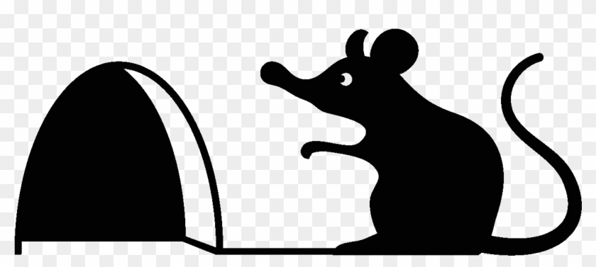 Black silhouette of a curious mouse peering at an open mousehole on a transparent background.