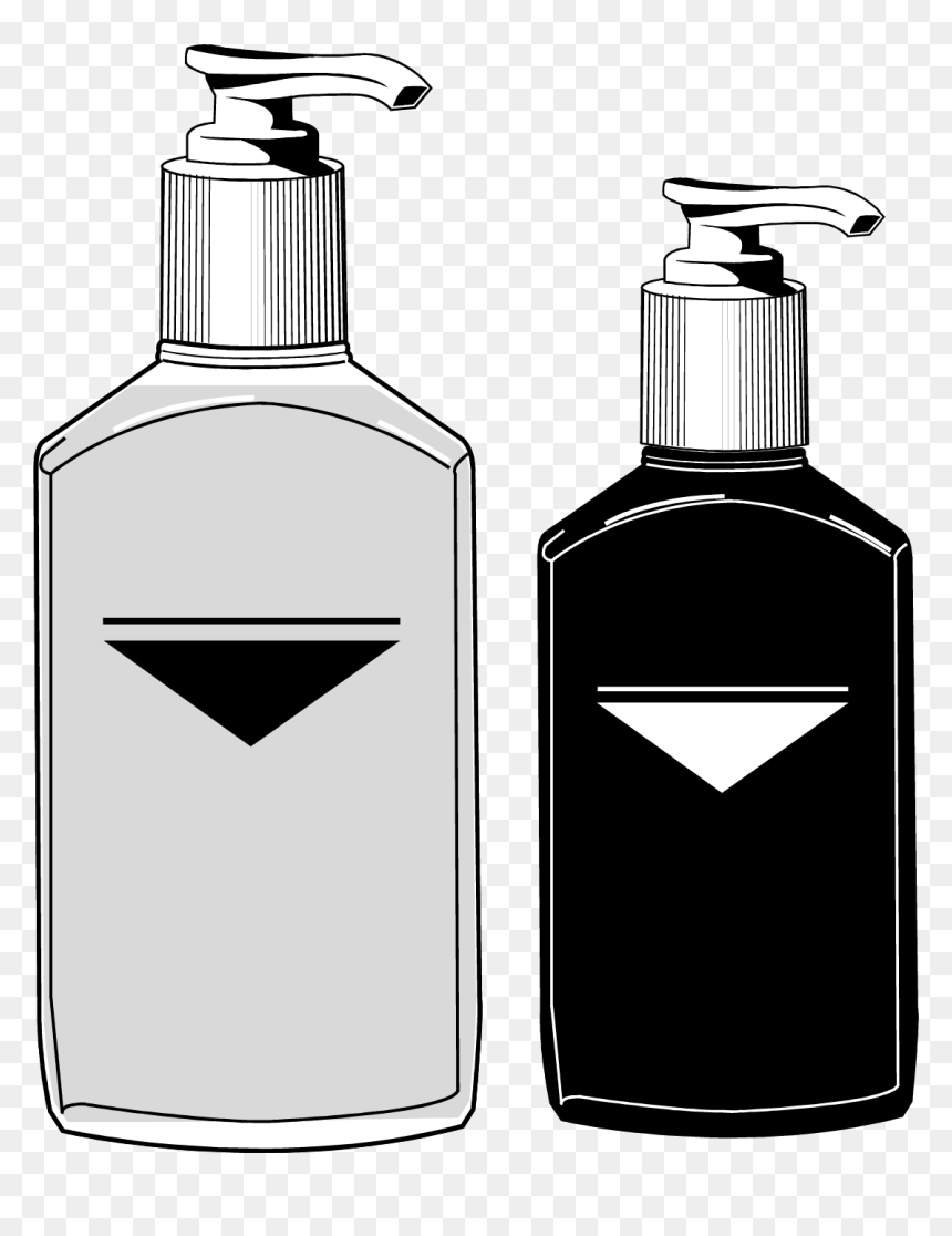 Two pump dispenser bottles, one light gray and one black, each with a triangular warning symbol on the label.