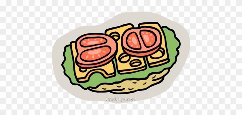 Cartoon-style open-faced sandwich with lettuce, cheese, and tomato slices on bread.