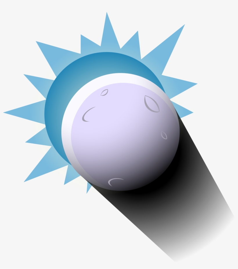 A stylized purple moon partially eclipsed by a blue sun with sharp rays and casting a long shadow.