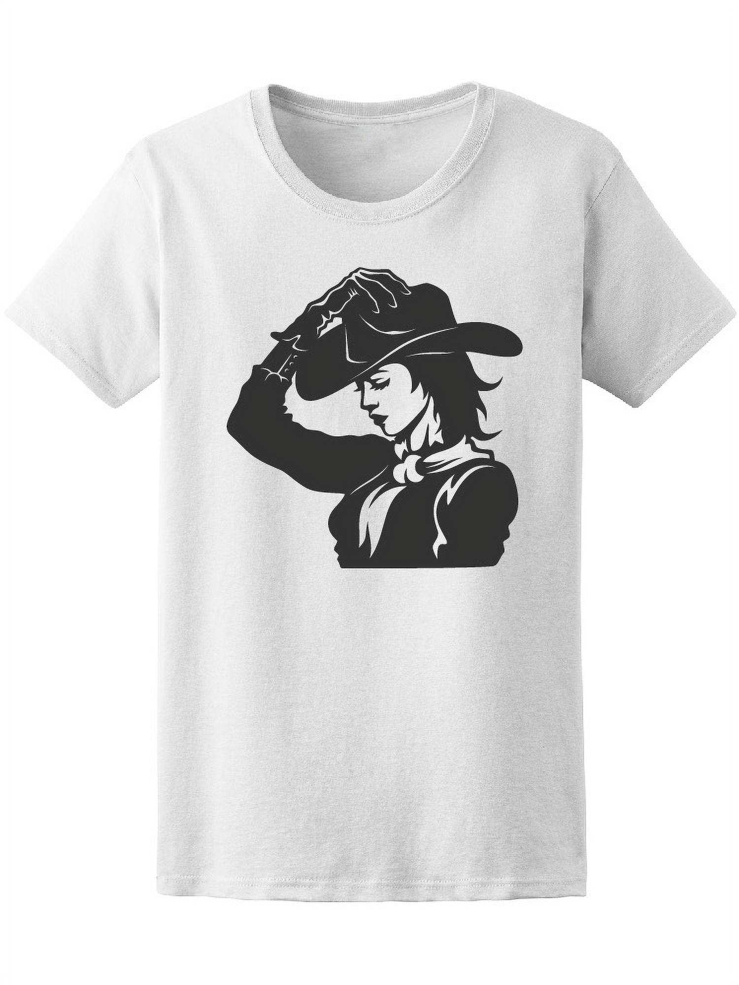 White t-shirt featuring a black silhouette of a woman in a cowboy hat tipping her hat, with bandana and confident pose.