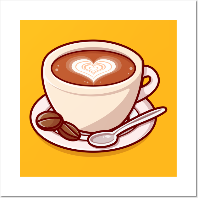 A white ceramic coffee cup with latte art heart design, served on a saucer with coffee beans and a spoon against a warm yellow background.