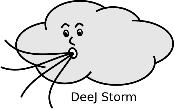 A cartoon cloud with a face blowing wind, labeled "Deej Storm".