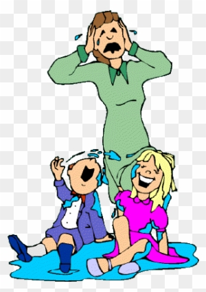 A cartoon woman and two children crying dramatically in a puddle, hands on heads, exaggerated expressions of distress.