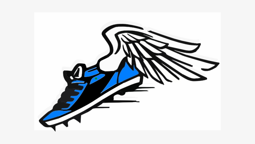Blue and black running shoe with white wings, symbolizing speed and agility.