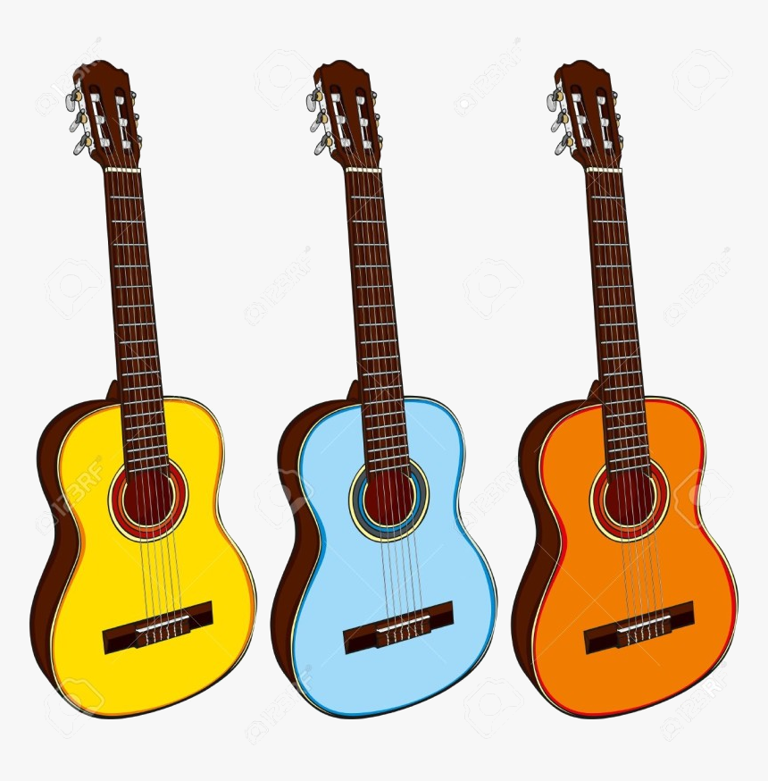 Three colorful classical guitars in yellow, blue, and orange with brown necks and soundholes.