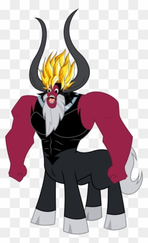 A muscular, anthropomorphic centaur-like villain with black horns, fiery yellow hair, a white beard, and a red-and-black outfit.
