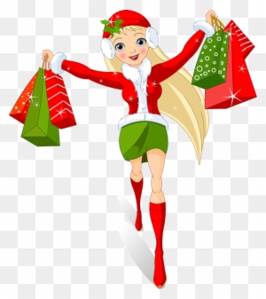 Joyful cartoon woman in festive red and green outfit holding shopping bags, celebrating holiday season.