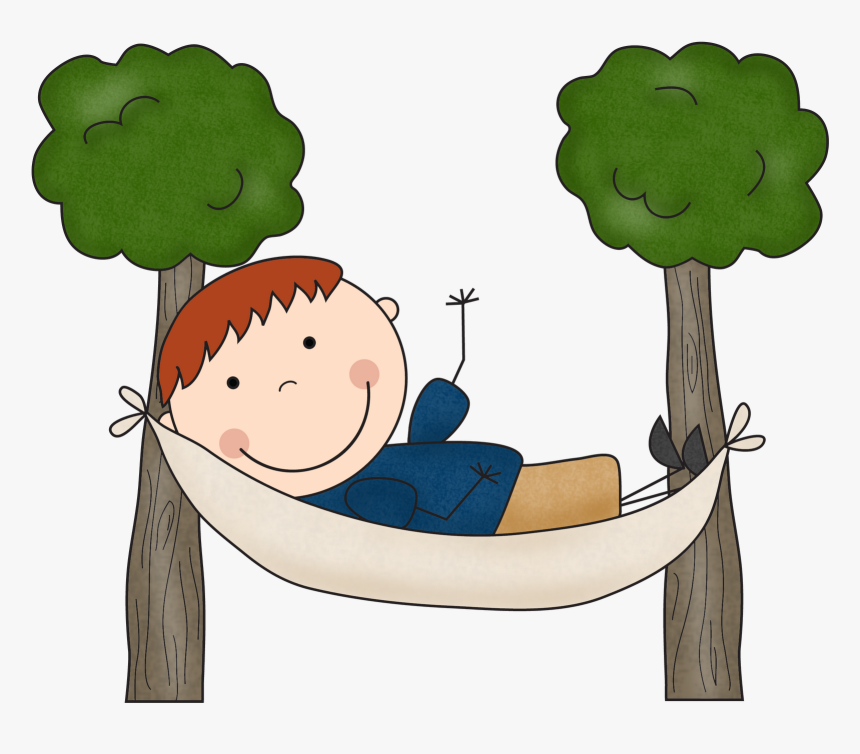 A smiling cartoon boy with red hair relaxes in a beige hammock between two green trees.