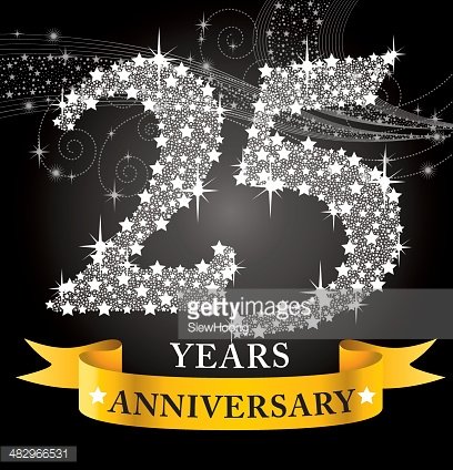 Sparkling silver "25" with stars and swirls on black, golden ribbon below reading "25 YEARS ANNIVERSARY"