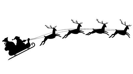 Silhouette of Santa Claus in sleigh pulled by four reindeer against white background.