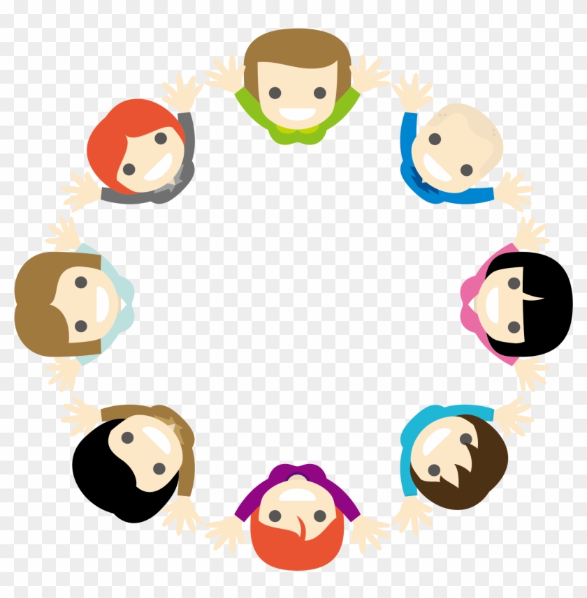 Eight diverse cartoon people holding hands in a joyful circle, symbolizing unity, teamwork, and inclusion.