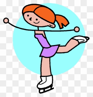 Cartoon girl with orange hair performing a figure skating pose in purple outfit and white skates.