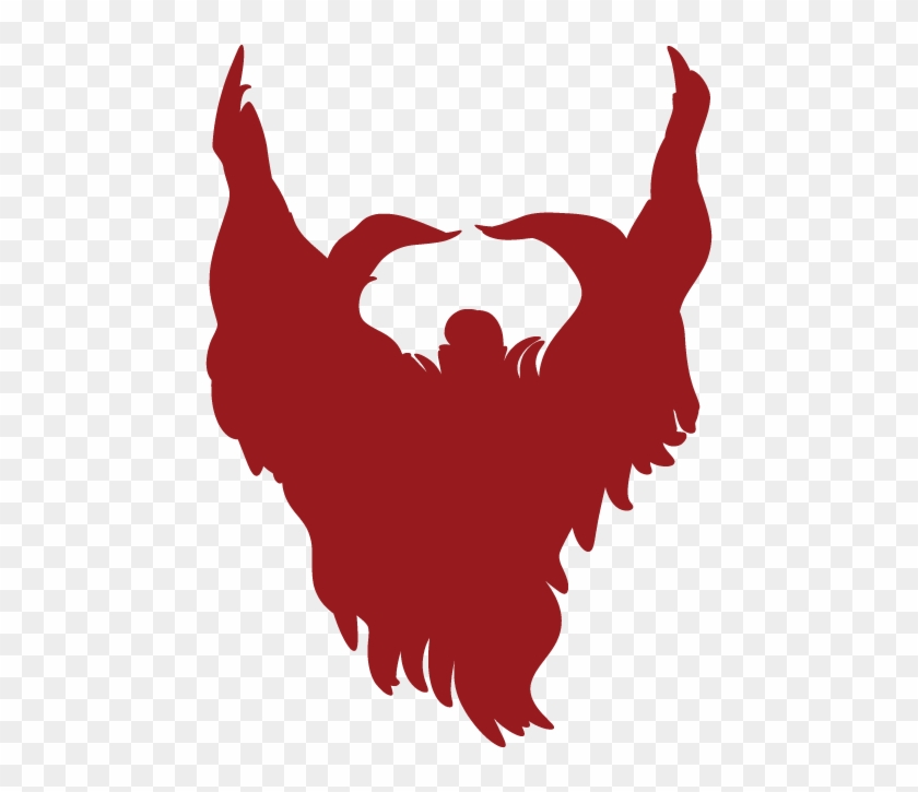 Stylized red beard silhouette with upward-curving sideburns forming a symmetrical, bold design on transparent background.