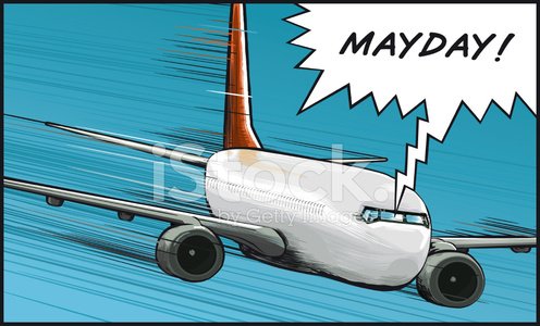 Comic-style airplane in distress with "MAYDAY!" speech bubble, indicating emergency.